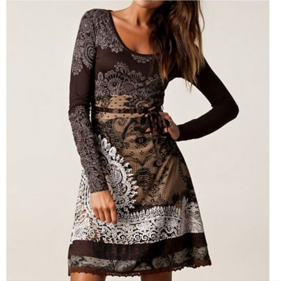 Desigual Tisdale brown floral print long sleeve dress size XL‎ women's boho lace - Picture 1 of 12